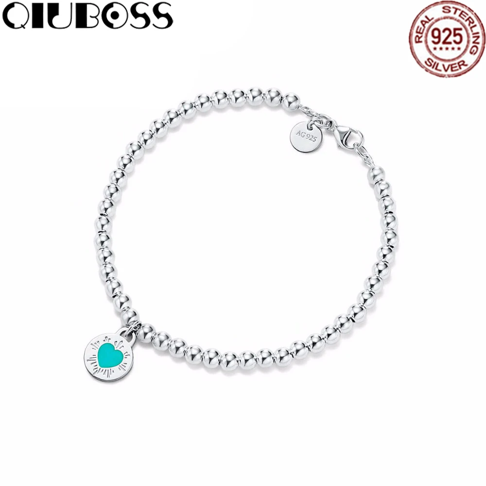 

QIUBOSS TIFF 925 Sterling Silver Original Round Heart Chain Bracelet Bangle For Women Authentic Fine Jewelry Christmas Gift