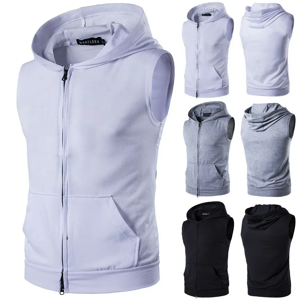 2019 NEW Men's Sleeveless Hooded Slim Fit Tank Tops Solid Zipper Sports Muscle Fashion Casual Tank