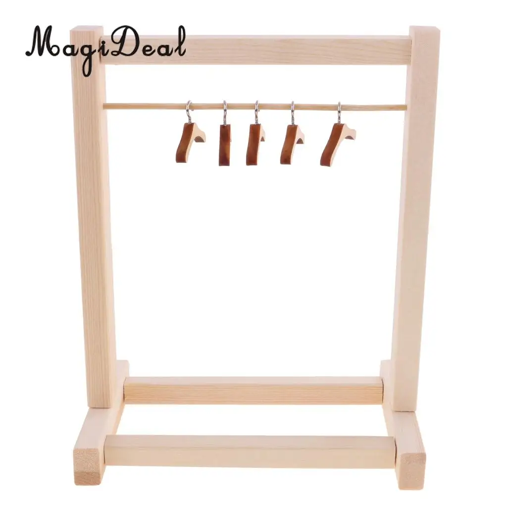DIY Assembled Wooden Clothes Hanging Shelf&10 Pieces Clothes Hook Hanger for 12 Inch Dolls Dollhouse Bedroom Accs Decor