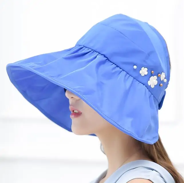Летний широкий пляжный навес жемчужная Солнцезащитная шляпа для женщин модная Chapeu Feminino Dames Petten складной солнцезащитный козырек Кепка анти-УФ соломенные шляпы - Цвет: navy blue