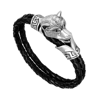 

Top Quality Titanium Steel Wolf Head Double Woven Real Leather Bracelets & Bangles For Men Any Size Selection Jewelry Gift