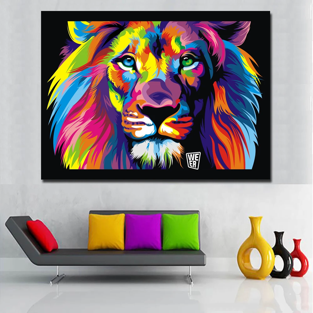 

HD Print Pop Art Colorful Lion Abstract Animals Oil Painting on Canvas Modern Wall Art Picture for Kid Room Poster Cudros Decor