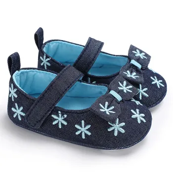 

Bowknot princess Blue Jeans baby Girl Crib shoes Newborn infants toddler Bebe Mary Jane Firstwalker 0-18 Month