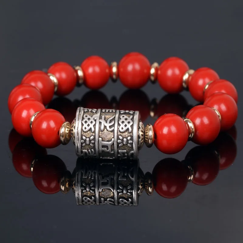 Natural Red cinnabar Stone Beads Bracelets Om Mani Padme Hum Buddha Mala DIY Bracelet Tibetan Sliver women men jewelry | Украшения и