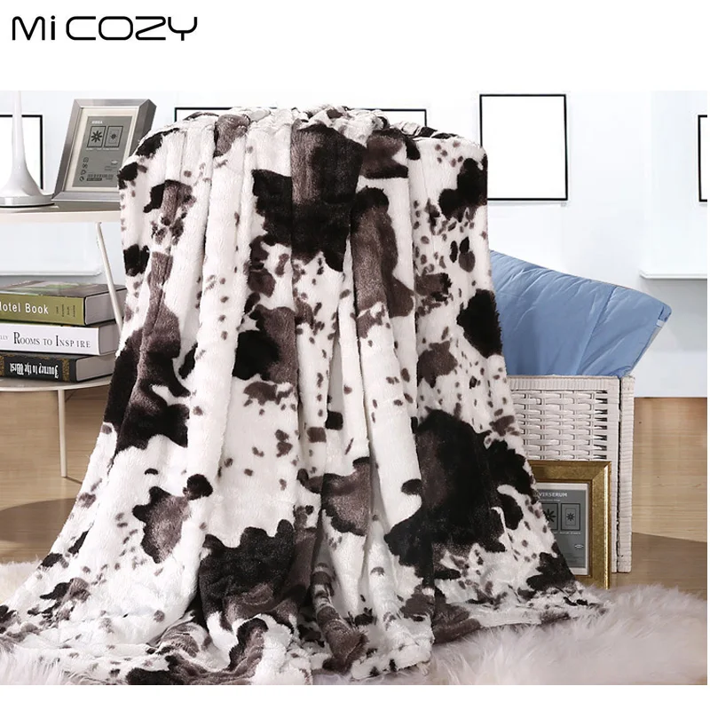 

Micozy cow grain faux fur blanket double layers ultra soft pv plush reverse polar fleece sofa throw blanket,125x150cm