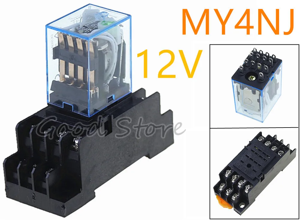 

10SETS MY4NJ DC AC 12V Coil 5A 4NO 4NC Green LED Indicator Power Relay DIN Rail 14 Pin time relay with socket base