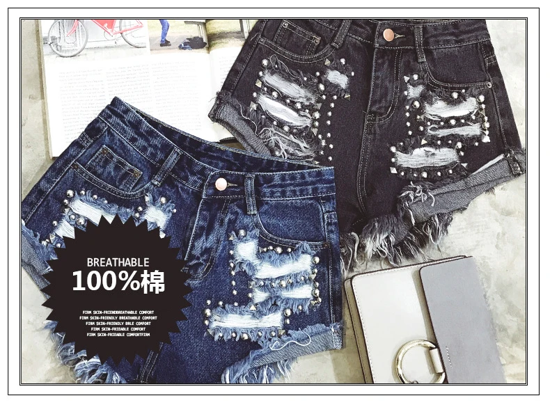 CamKemsey панк заклепки высокая талия джинсовые шорты для женщин Летний стиль Бахрома Кисточкой рваные черные синие женские джинсовые шорты