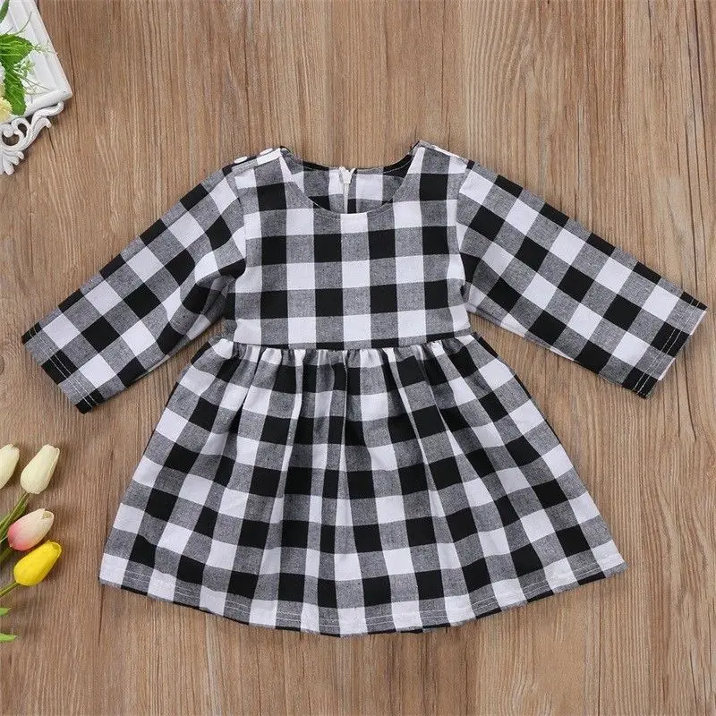 

Winter Girl Toddler Princess Dress Kids Baby Party Pageant Plaid Long Sleeve Black And White Dresses Clothes