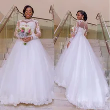 Charming Long Sleeve Wedding Dresses 2017 Romantic See Through Style Applique Tulle A Line Bridal Gown Hot Design