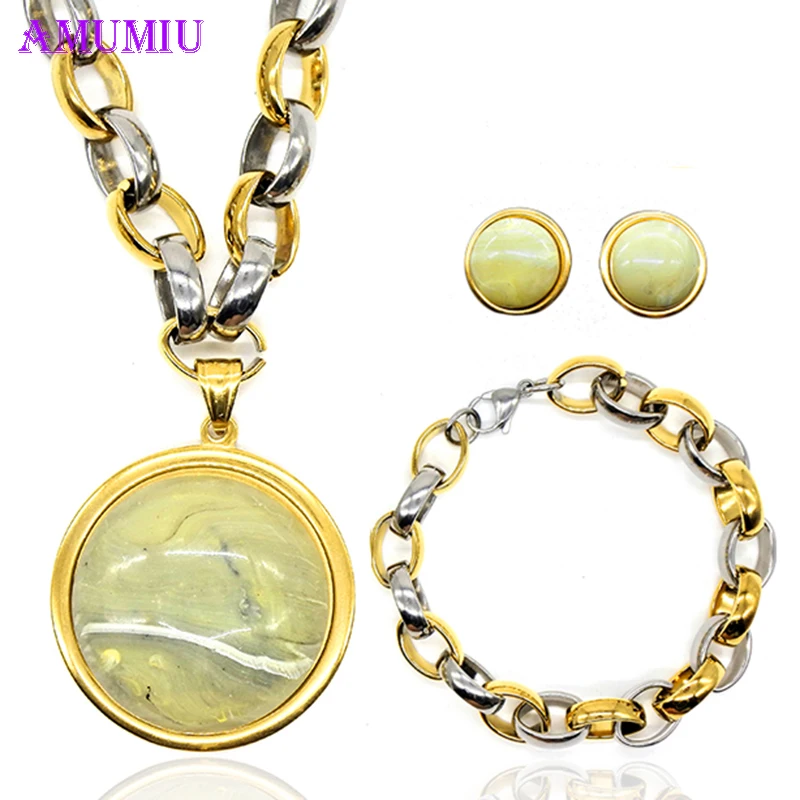 

AMUMIU jewellery set natural stone Indian jewerly sets for women Necklace Bracelet Earrings Sets schmuck Gold party Gift JS021