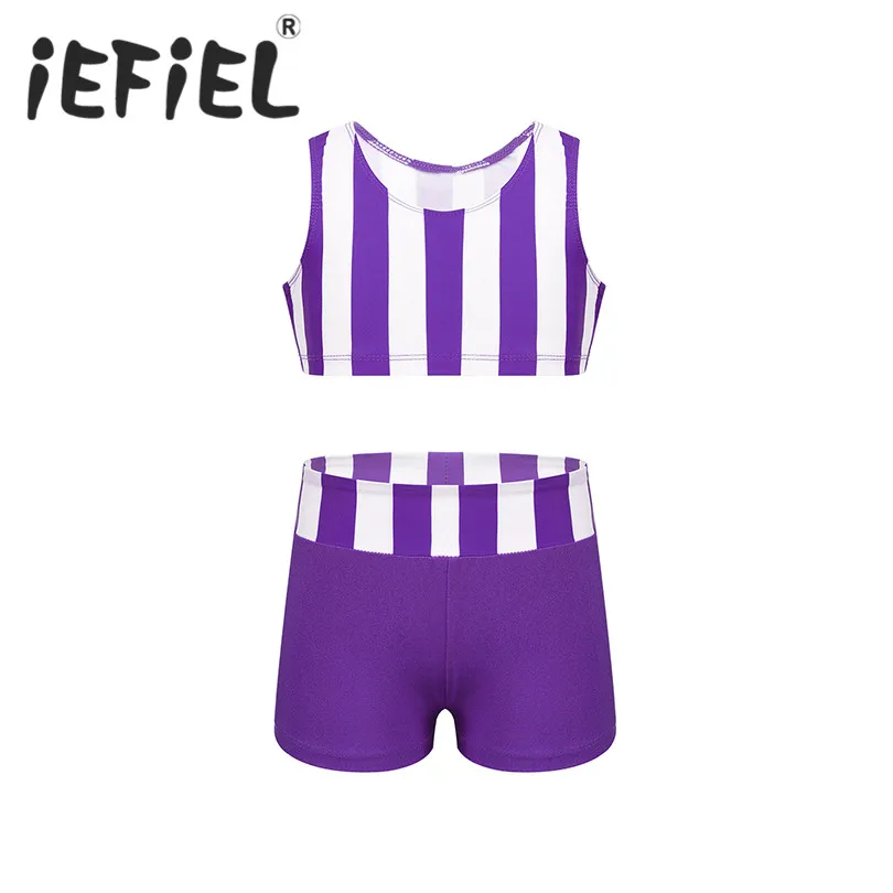 

Children Kids Girls Athletic Outfit Set Striped Sleeveless Tanks Crop Top with Bottoms Set for Ballet Dance Gym Workout SZ 6-14