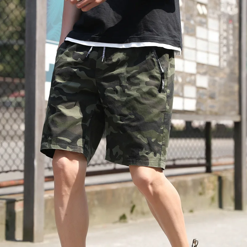 

Men Summer Camouflage Knee Length Drawstring Shorts Loose Mid Casual Printed Breathable Males Work Shorts Military Short Pants