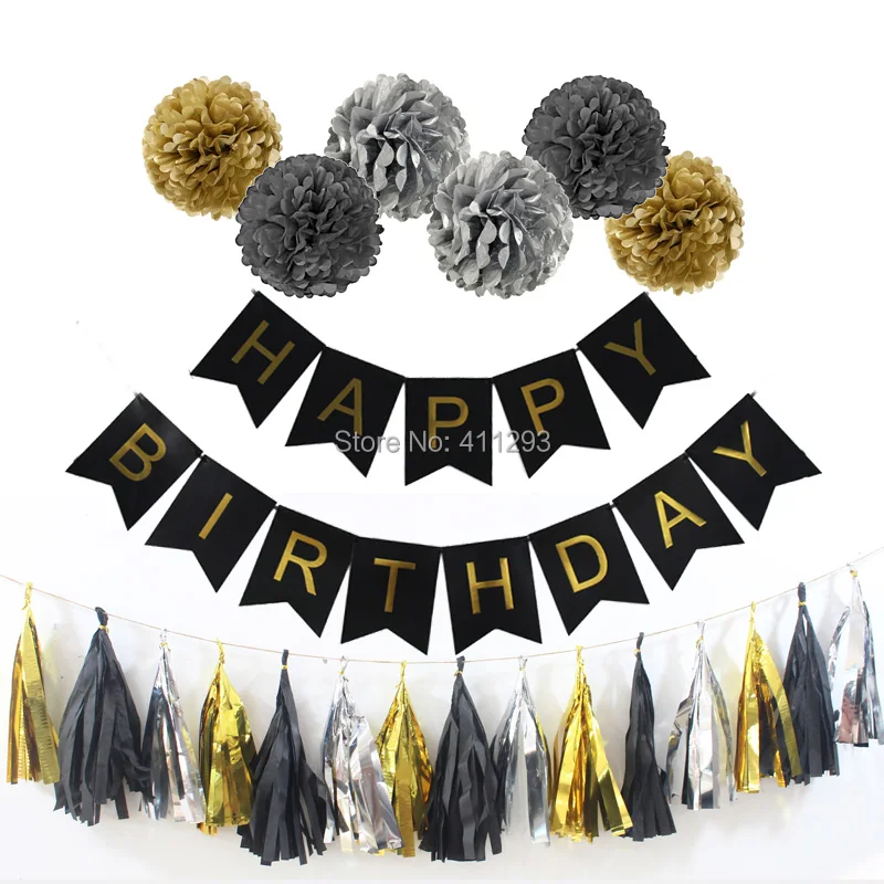 Золотой черный день рождения баннеры папиросной бумаги кисточкой помпонами 16 18 20 30 40 50 60 70 80 для взрослых на день рождения золото партии