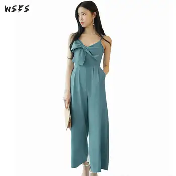 

Summer Jumpsuit Casual Blue Long Wide Leg Pants Trousers Vintage Calf Length Ladies Beading Bow Sexy Party Womens Jumpsuits 2018
