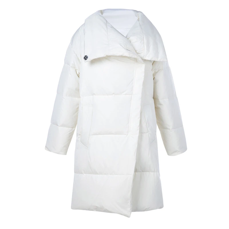 Роскошная модель года, зимняя женская Повседневная белая куртка средней длины на утином пуху, куртка свободного покроя, плотная теплая верхняя одежда с воротником-стойкой AO680
