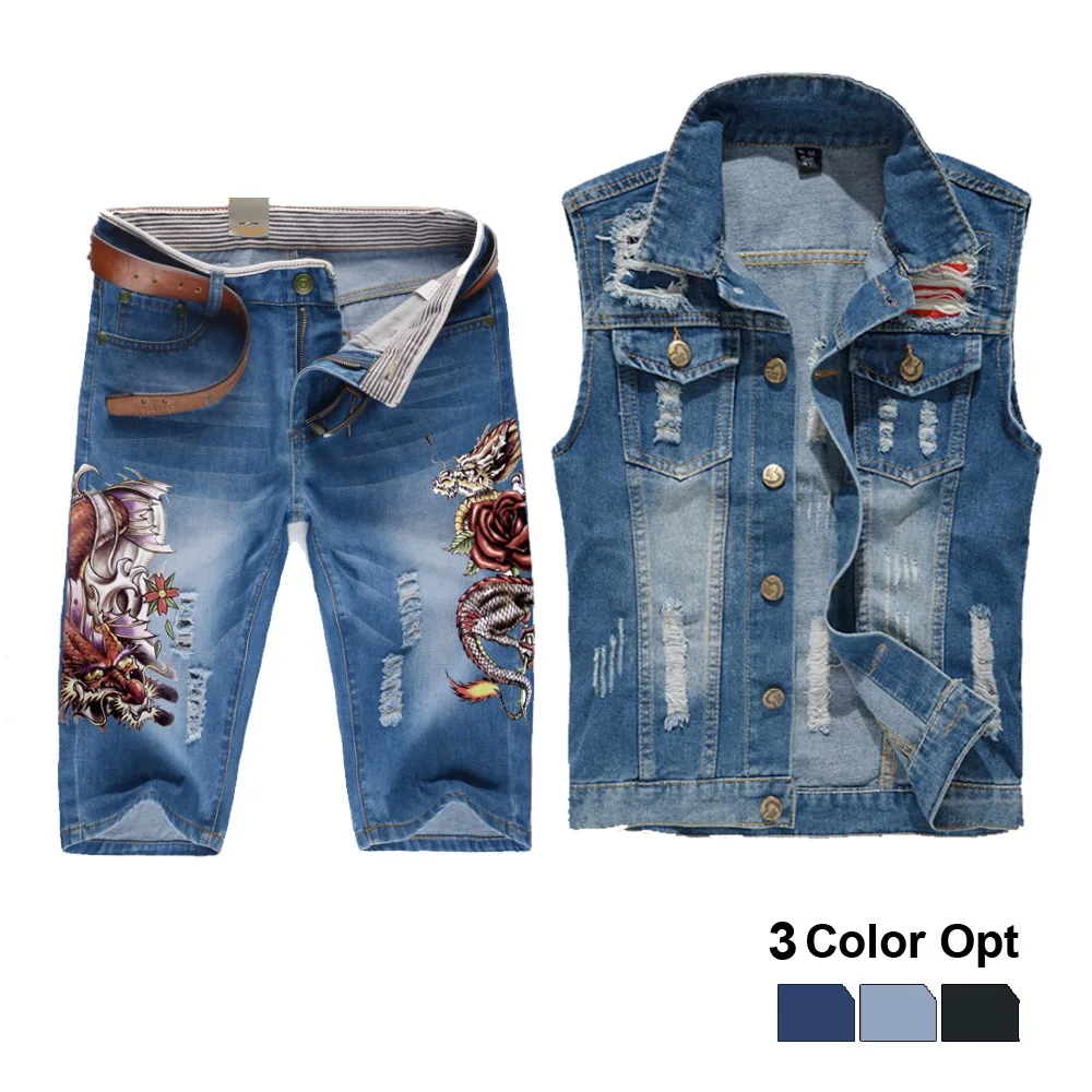 

Men Jean Vest Jacket Set Retro Ripped Destroyed Skinny Hole Top Denim Short Pants 1/2 Trousers Summer Beach Wear Blue Frog