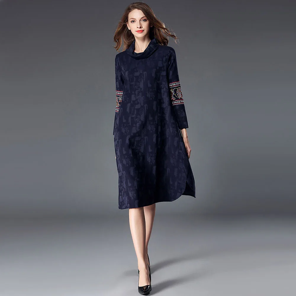 

Vintage Embroidery Loose Turtleneck Midi Dress Women Sweet Casual Fashion Street Beach Dress 2019 Spring Clothing Navy Blue
