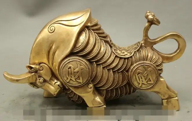 

S03886 12 FengShui Chinese Brass RuYi Wealth Coin Year Zodiac Thriving Bull OX Statue B0403