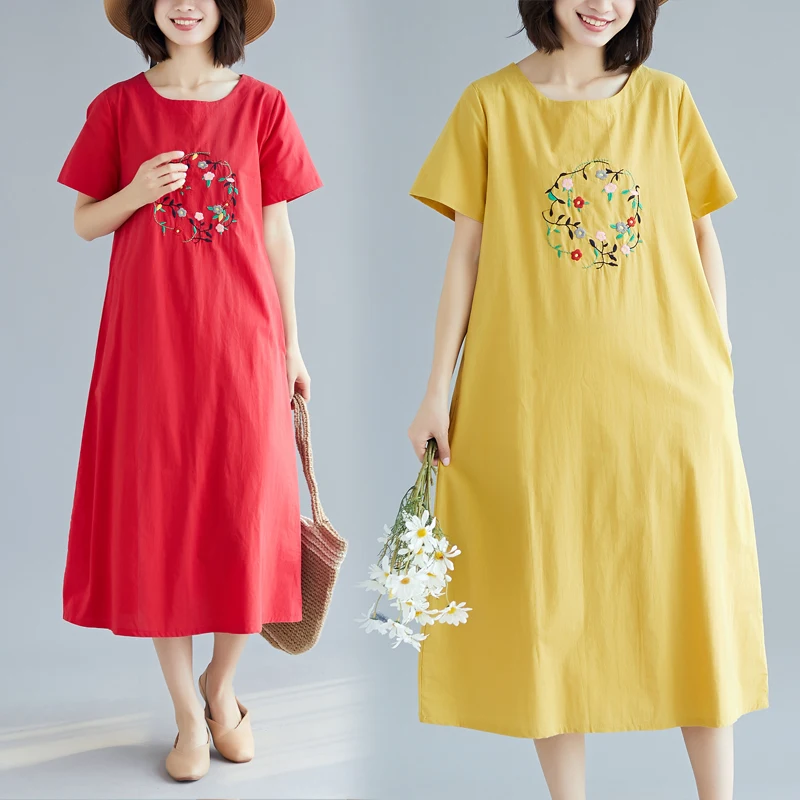 cotton linen plus size vintage embroidery women casual loose long summer dress elegant clothes 2019 ladies dresses sundress