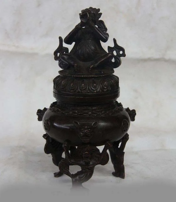 

China Buddhism Old Copper Bronze Mahakala Vajrapani Buddha Incense Burner Censer SD 506