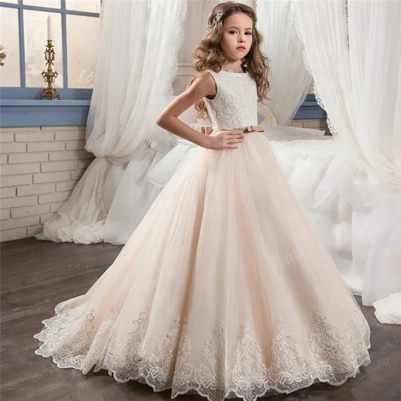 

Fancy Champagne Flower Girl Dress Long Sequin Girls Dresses Tulle Ball Gowns Kids First Holy Communion Dresses For Christmas