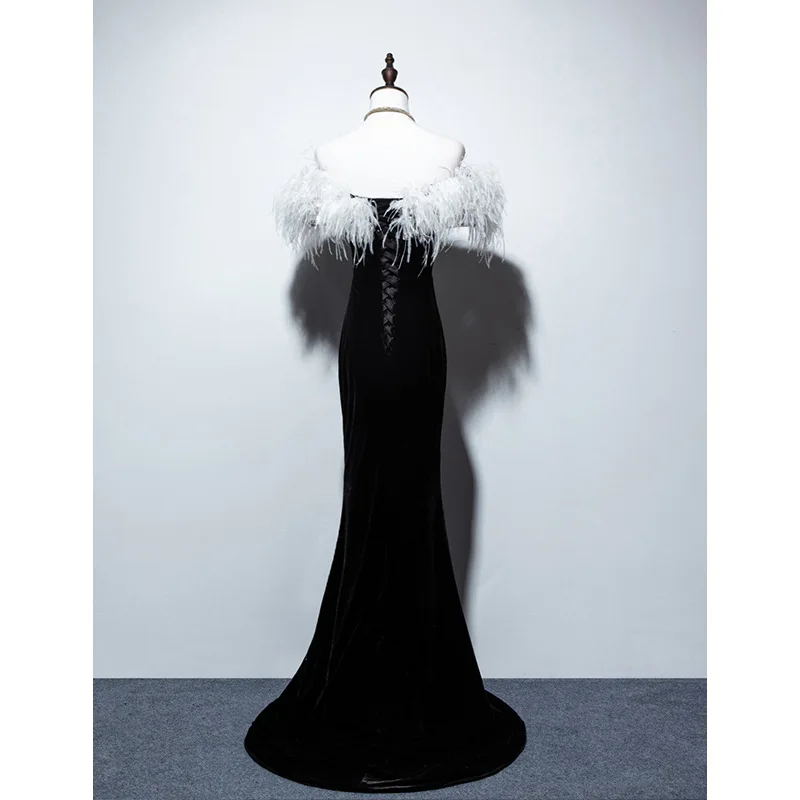 New Ostrich feather Black Velvet Off The Shoulder Mermaid Long Vestidos De Festa Lace Up Celebrity Evening Party Dresses