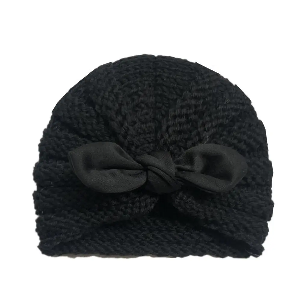Новорожденный малыш ребенок для маленьких мальчиков и девочек Вязаный тюрбан Твердые бантом теплая зимняя шапочка шляпа кепки прекрасный - Цвет: Черный