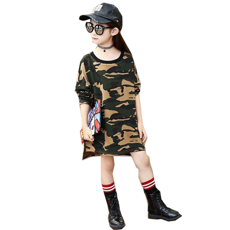 Spring Autumn Kids Camouflage Casual Clothing Girls Knee-Length O-Neck Asymmetry Dress Children's Sport Dresses | Детская одежда и