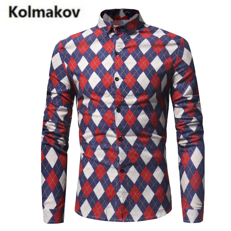 Kolmakov 2018 Весна новое поступление Для мужчин модная футболка с длинными рукавами, пляжная мода, стиль квадратный рубашки с принтом, полный