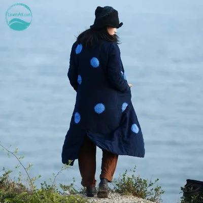 Cheap LinenAll original design women's dark blue elegant gown winter long 100% linen cotton-wadded thickening parkas outerwear muyi