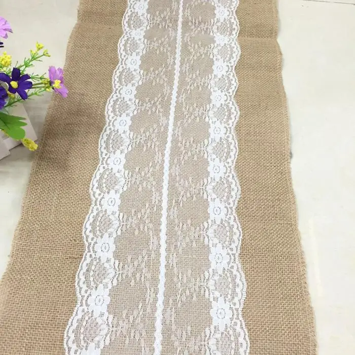 Vintage Burlap Jute Linen Table Runner Lace Cloth Dinning Room Table Gadget Home Decor Accessory E2S