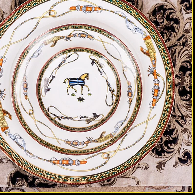 European Style Ceramic Bone China Horse Pattern Plate Home Tableware
