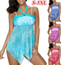 Spaghetti Strap Swimwear Plus Size 5XL Printed Tankini Swimsuit Push Up Padded Halter Bikini Set Bathing Suit Beachwear XXXL plus size halter pineapple tankini set