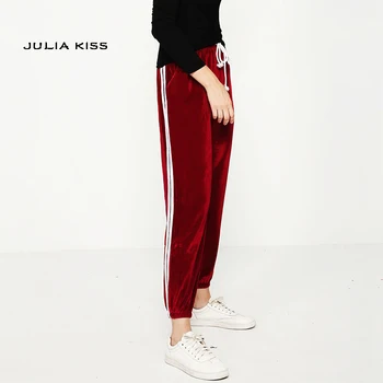 

Fashion Women Velvet Track Pants Classic Two Stripe Sweatpants Side Stripe Runner Pants Cuffed Track Pants