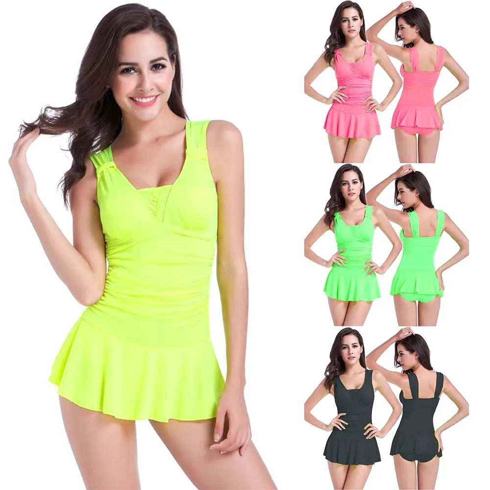 Women Push up One piece Chest Padded Bra Bikini Skirts Swimsuit