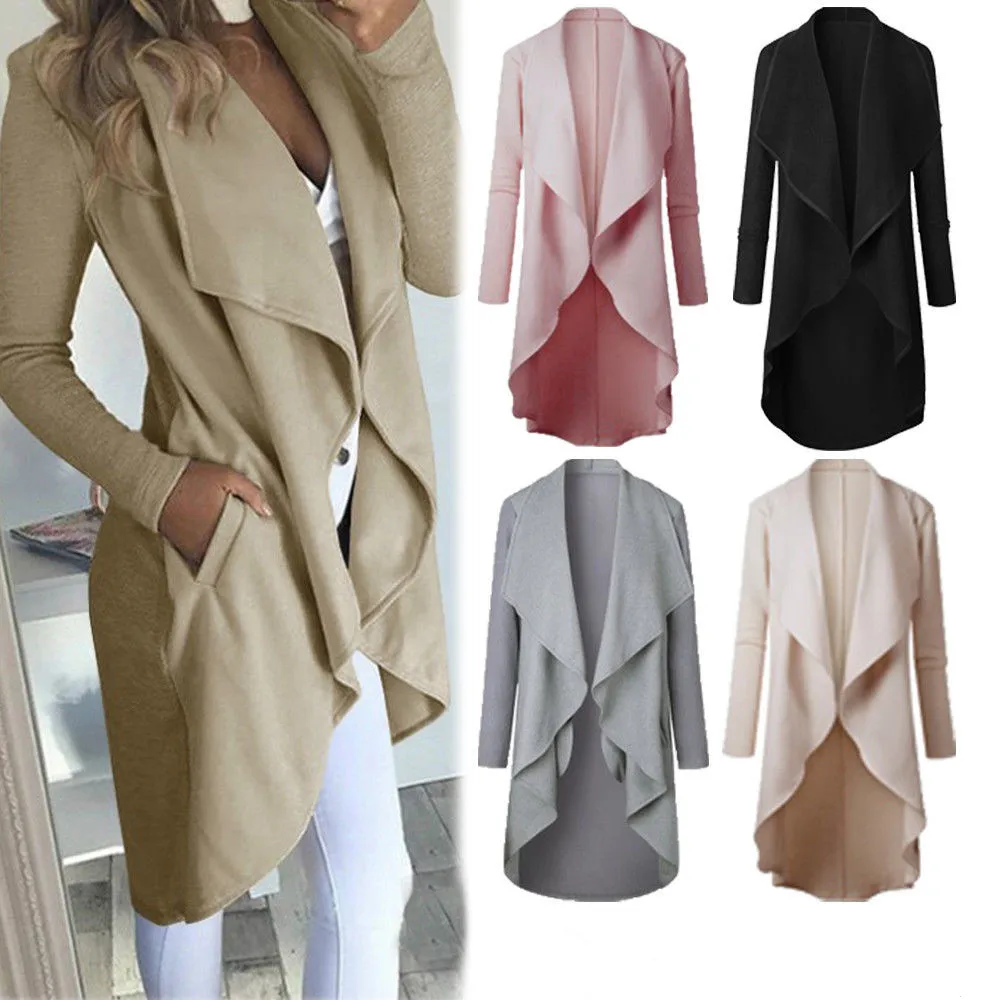 

Spring Women Ladies Coat Long Sleeve Waterfall Cardigan Trench Slim Fashion Golilla Overcoat Summer Outwear Open Stitch