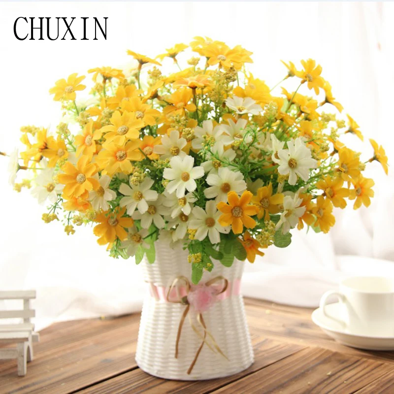 

One Set Small Daisy Artificial Flower Silk Sunflower With Rattan Vase Decoration For Home Room Table 13 Type