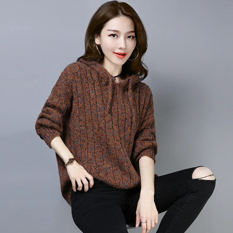 Women Oversized Knitted Sweater Jumper Hooded Female Cropped Top 2018 Winter Harajuku Solid Loose Thick Warm Pullover Sweater