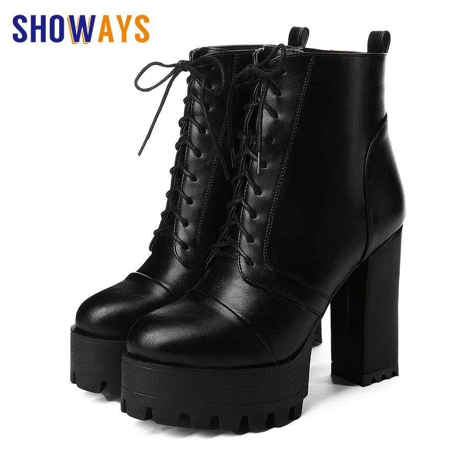 

British Winter Women Martin Boots PU Leather Round Toe Block High Chunky Heel Platform Ankle Boots Lace Zipper Plush Short Botas