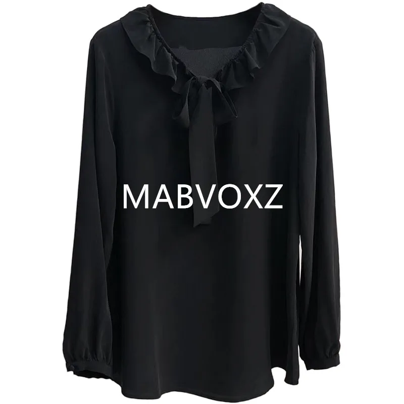 

100% Silk 2019 New Women White Black Shirt Bow Tie Ribbon Ruffle Neck Sweet Blouse Elegant Top
