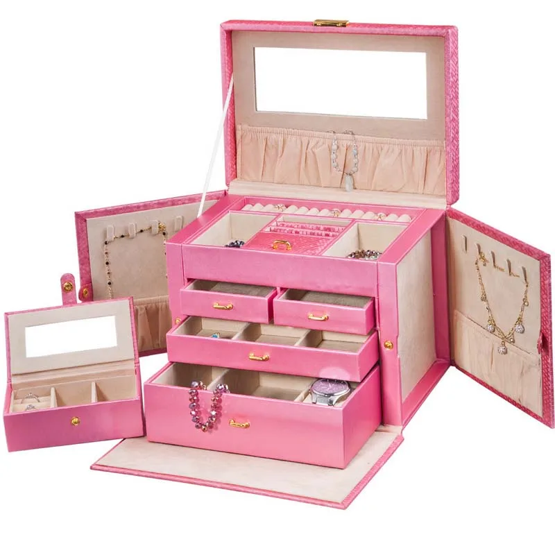 Женская Подарочная коробка Шкатулка для путешествий Органайзер для макияжа чехол из искусственной кожи с замковые украшения Органайзер - Цвет: pink