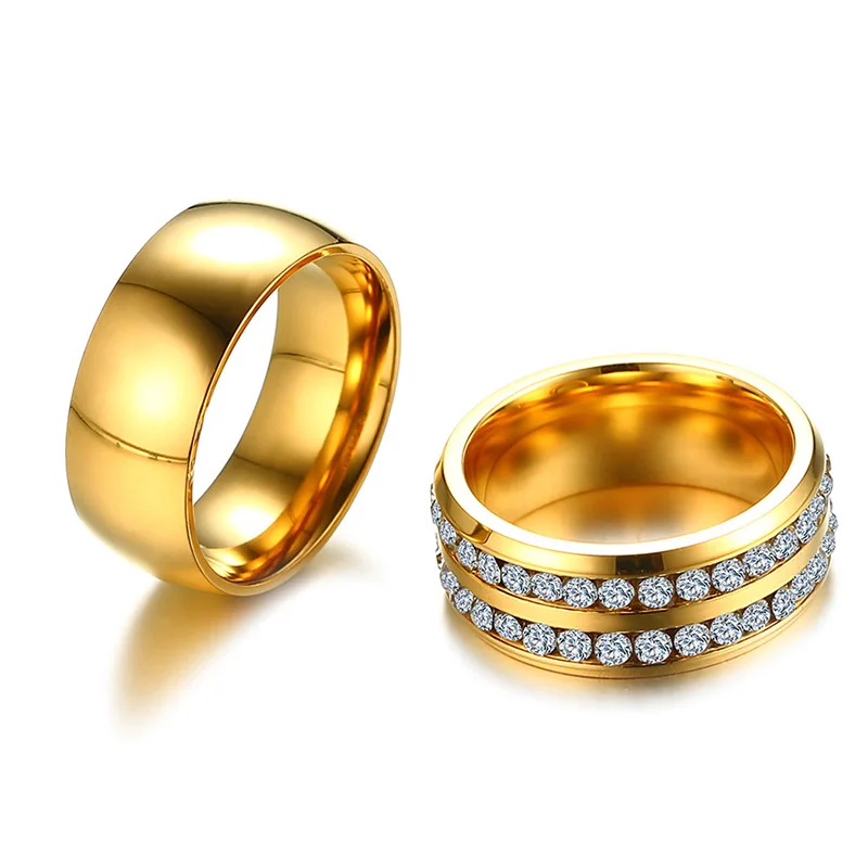 Meaeguet Gold-color Stainless Steel Two Row Lines Crystal Ring Wedding Bands for Women Men Couple Wedding Engagement Jewelry