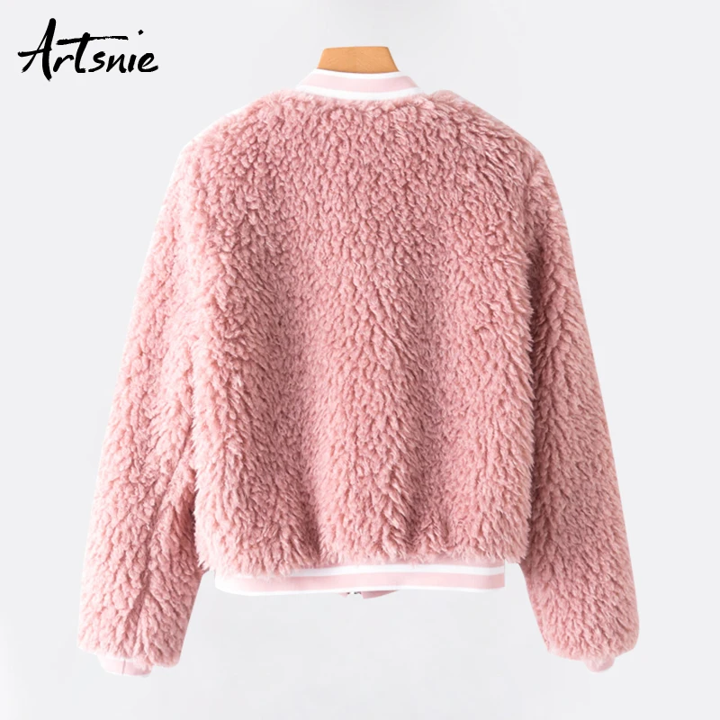 Femme Neck Casual O Girls Slim Zipper Bomber Streetwear Thick Fur Artsnie Jackets Coats Autumn Warm Pink Faux Women 2018 Zq4Uf