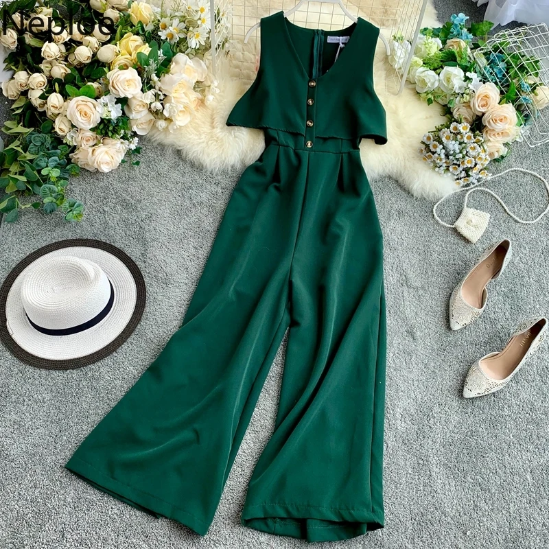 

Neploe Femele Office Elegant Jumpsuit Summer High Waist Solid Overalls Long Jumpsuits Wide Leg Trouser Women Club Party Bodysuit