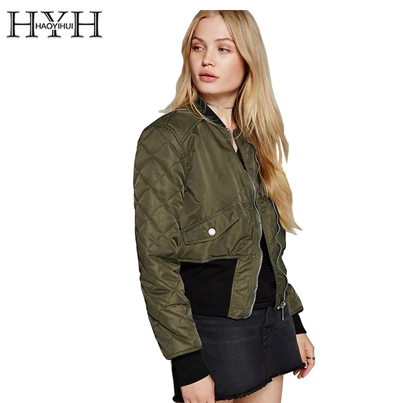 

HYH HAOYIHUI Apparel Women Bomber Jacket Streetwear Solid Color Short Cotton Jacket Rib Knit Cuff Pocket Zippers Female Tops