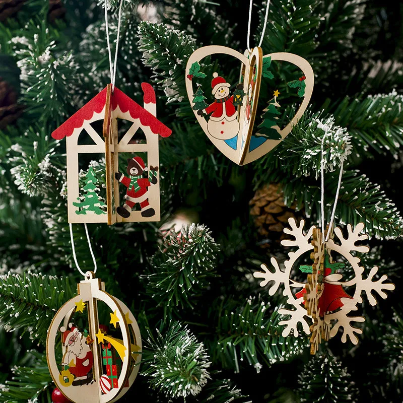 Санта Клаус Снежинка из натурального дерева рождественские украшения кулон
