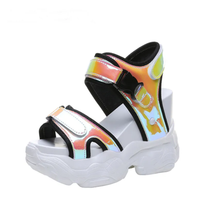 

Summer Fashion Women's Sandals 11.5 CM Heels Wedge Platform Shoes Bling Leather High Heels Sandals For Women Gladiator Sneakers