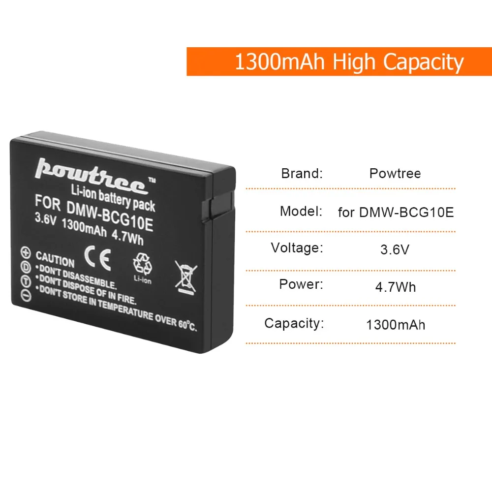 Powtree 1300 мА/ч, Перезаряжаемые батареи для цифрового фотоаппарата Panasonic Lumix DMW BCG10 BCG10E DMC-3D1 DMC-TZ7 DMC-TZ8 DMC-TZ10 DMC-TZ18 DMCTZ19