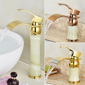 

Gold Bathroom Faucet hot and cold Crane Brass and Jade Basin Faucet Waterfall Faucet Sink Faucet Single Handle water wash tap