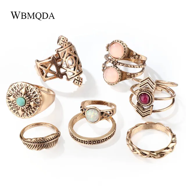 8 Pcs/lot Indian Gold Silver Opal Feather Knuckle Ring Set Vintage Geometric Mid 8 Pcs/lot Indian Gold Silver Opal Feather Knuckle Ring Set Vintage Geometric Mid
